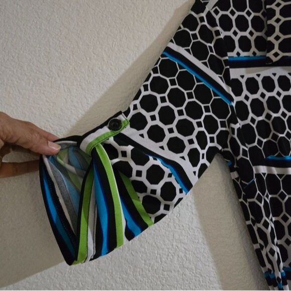 "Mlle Gabrielle" Dress, Stylish Black, Blue, Green And White Patterned Dress - Picture 6 of 16